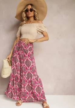 Ciemnofioletowe Spodnie Szerokie z Wiskozy w Ornamentalny Wzór High Waist Cramelia