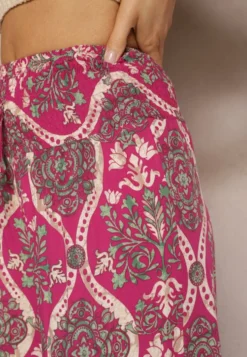 Ciemnofioletowe Spodnie Szerokie z Wiskozy w Ornamentalny Wzór High Waist Cramelia