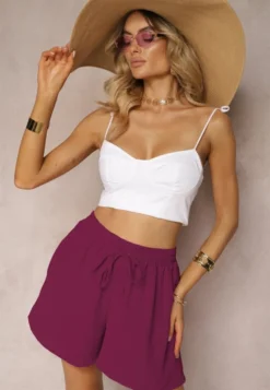 Ciemnofioletowe Szorty o Luźnym Kroju High Waist z Gumką w Talii Vimallora