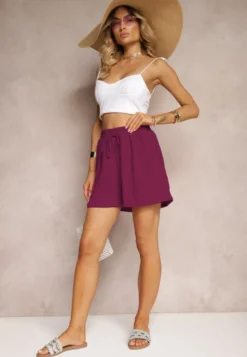Ciemnofioletowe Szorty o Luźnym Kroju High Waist z Gumką w Talii Vimallora