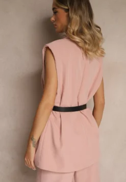 Ciemnoróżowa Kamizelka Oversize w Garniturowym Stylu z Guzikiem i Paskiem z Klamrą Galazia