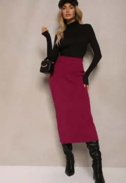 Ciemnoróżowa Spódnica z Wiskozą High Waist o Dopasowanym Kroju z Gumką w Talii Niarosae