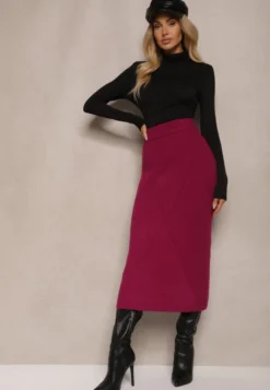 Ciemnoróżowa Spódnica z Wiskozą High Waist o Dopasowanym Kroju z Gumką w Talii Niarosae