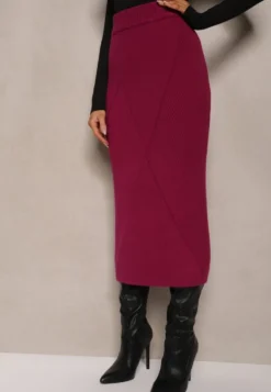 Ciemnoróżowa Spódnica z Wiskozą High Waist o Dopasowanym Kroju z Gumką w Talii Niarosae