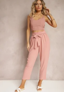 Ciemnoróżowe Spodnie High Waist Wiązane w Pasie Wykończone Gumką w Talii Dimixi