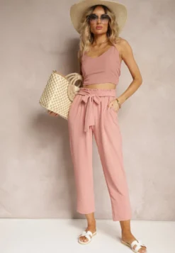 Ciemnoróżowe Spodnie High Waist Wiązane w Pasie Wykończone Gumką w Talii Dimixi