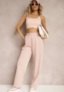Ciemnoróżowe Spodnie High Waist o Szerokich Prostych Nogawkach z Gumką w Pasie Hintia