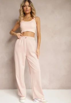 Ciemnoróżowe Spodnie High Waist o Szerokich Prostych Nogawkach z Gumką w Pasie Hintia