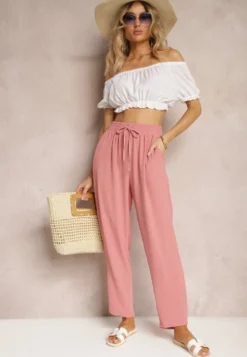 Ciemnoróżowe Spodnie Regular High Waist z Wiązaniem w Pasie Dimeca