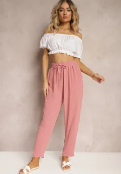 Ciemnoróżowe Spodnie Regular High Waist z Wiązaniem w Pasie Dimeca