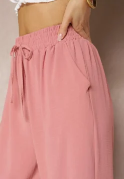 Ciemnoróżowe Spodnie Regular High Waist z Wiązaniem w Pasie Dimeca