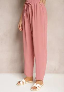 Ciemnoróżowe Spodnie Regular High Waist z Wiązaniem w Pasie Dimeca