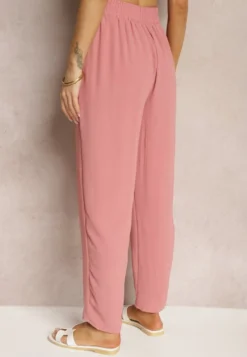 Ciemnoróżowe Spodnie Regular High Waist z Wiązaniem w Pasie Dimeca