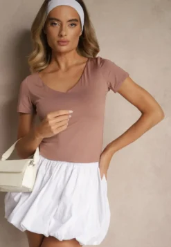 Ciemnoróżowy Dopasowany T-shirt z Wiskozą z Dekoltem w Kształcie Litery V Follerea