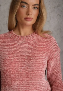 Ciemnoróżowy Sweter Basic Oversize z Szenilowej Dzianiny z Wełną Mirietha