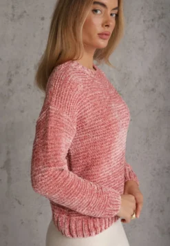 Ciemnoróżowy Sweter Basic Oversize z Szenilowej Dzianiny z Wełną Mirietha