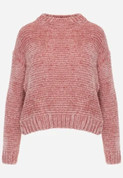 Ciemnoróżowy Sweter Basic Oversize z Szenilowej Dzianiny z Wełną Mirietha