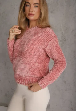 Ciemnoróżowy Sweter Basic Oversize z Szenilowej Dzianiny z Wełną Mirietha
