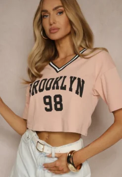 Ciemnoróżowy T-shirt z Bawełny Ozdobiony Napisem Lireline