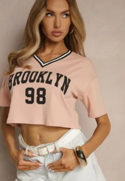 Ciemnoróżowy T-shirt z Bawełny Ozdobiony Napisem Lireline