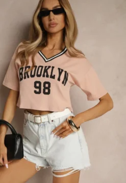 Ciemnoróżowy T-shirt z Bawełny Ozdobiony Napisem Lireline