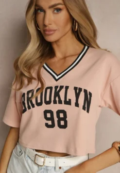 Ciemnoróżowy T-shirt z Bawełny Ozdobiony Napisem Lireline