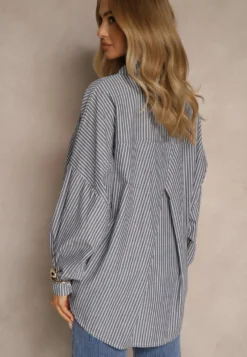 Ciemnoszara Koszula z Bawełny o Kroju Oversize w Prążki ze Ściągaczem w Pasie Neoritia