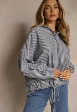 Ciemnoszara Koszula z Bawełny o Kroju Oversize w Prążki ze Ściągaczem w Pasie Neoritia