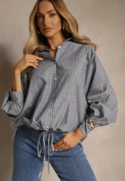 Ciemnoszara Koszula z Bawełny o Kroju Oversize w Prążki ze Ściągaczem w Pasie Neoritia