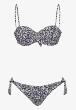Ciemnoszare Bikini Usztywniany Biustonosz z Ozdobą i Majtki Typu Figi ze Sznurkami po Bokach Aromarie