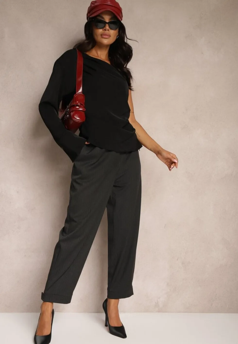 Ciemnoszare Garniturowe Spodnie o Szerokich Nogawkach Lekko Prążkowane High Waist Belbanne