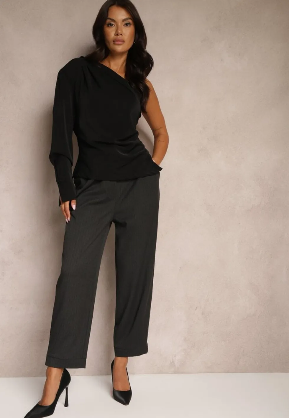 Ciemnoszare Garniturowe Spodnie o Szerokich Nogawkach Lekko Prążkowane High Waist Belbanne
