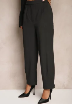 Ciemnoszare Garniturowe Spodnie o Szerokich Nogawkach Lekko Prążkowane High Waist Belbanne
