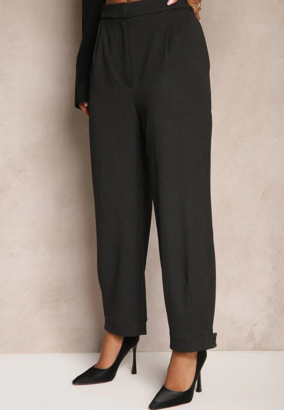 Ciemnoszare Garniturowe Spodnie o Szerokich Nogawkach Lekko Prążkowane High Waist Belbanne
