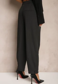 Ciemnoszare Garniturowe Spodnie o Szerokich Nogawkach Lekko Prążkowane High Waist Belbanne