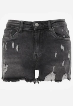 Ciemnoszare Jeansowe Szorty High Waist z Ozdobnymi Przetarciami Vimalira