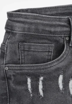Ciemnoszare Jeansowe Szorty High Waist z Ozdobnymi Przetarciami Vimalira