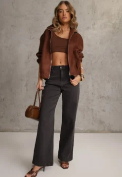 Ciemnoszare Jeansy High Waist z Szerokimi Nogawkami Vetimira