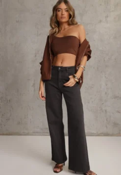 Ciemnoszare Jeansy High Waist z Szerokimi Nogawkami Vetimira