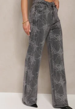 Ciemnoszare Jeansy z Bawełny High Waist Szerokie w Abstrakcyjny Wzór Orithiia