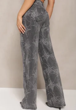Ciemnoszare Jeansy z Bawełny High Waist Szerokie w Abstrakcyjny Wzór Orithiia