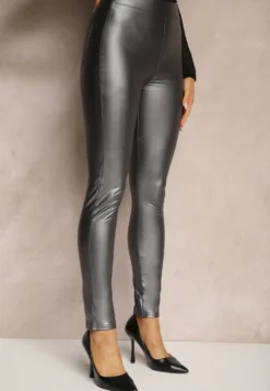 Ciemnoszare Legginsy z Imitacji Skóry High Waist Ozdobione Wsuwanymi Kieszeniami Valerievia
