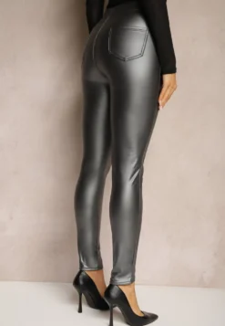Ciemnoszare Legginsy z Imitacji Skóry High Waist Ozdobione Wsuwanymi Kieszeniami Valerievia