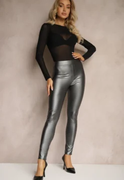 Ciemnoszare Legginsy z Imitacji Skóry High Waist Ozdobione Wsuwanymi Kieszeniami Valerievia