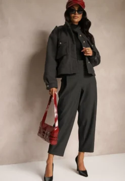 Ciemnoszare Spodnie o Garniturowym Fasonie High Waist Relessa