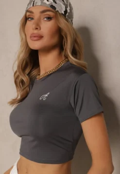 Ciemnoszary T-shirt Crop Top z Ozdobną Literką Kolesira