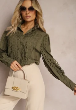 Ciemnozielona Ażurowa Koszula z Elegancką Stójką Manuella