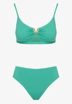 Ciemnozielone Bikini Majtki Figi i Biustonosz Ozdobiony Metaliczną Aplikacją Kinniela