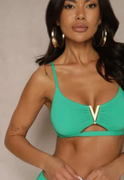 Ciemnozielone Bikini Majtki Figi i Biustonosz Ozdobiony Metaliczną Aplikacją Kinniela