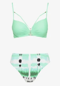 Ciemnozielone Bikini Majtki Figi i Biustonosz Push-Up Ozdobiony Paskami Wiobella